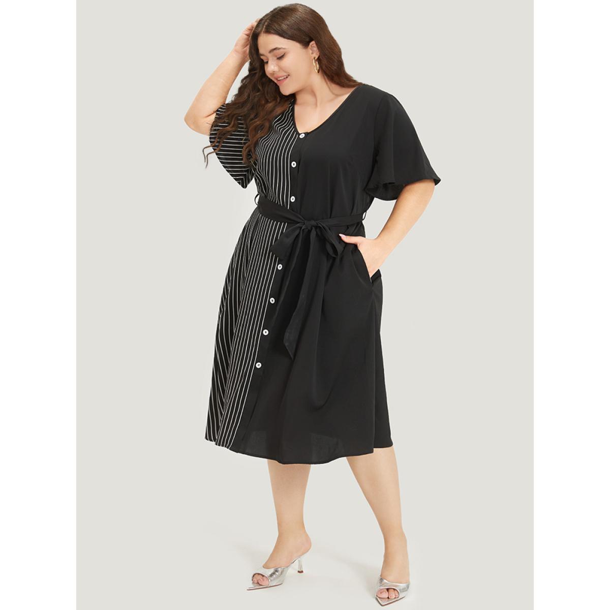 Plus Size Striped Patchwork Pocket Button Detail Belted Dress Black Women Office Plain V-neck Short sleeve Curvy Midi Dress BloomChic 30/6X Product Image