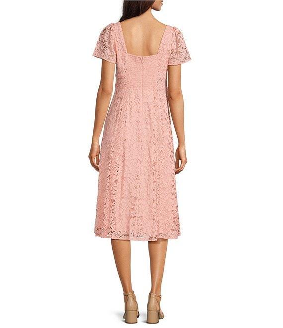 Anne Klein Lace Square Neck Short Puff Sleeve A-Line Midi Dress Product Image