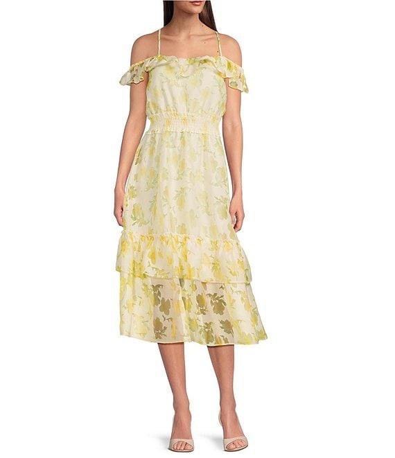 Layered With Love Edie Floral Burnout Jacquard Off-The-Shoulder Neck Sleeveless A-Line Midi Dress Product Image