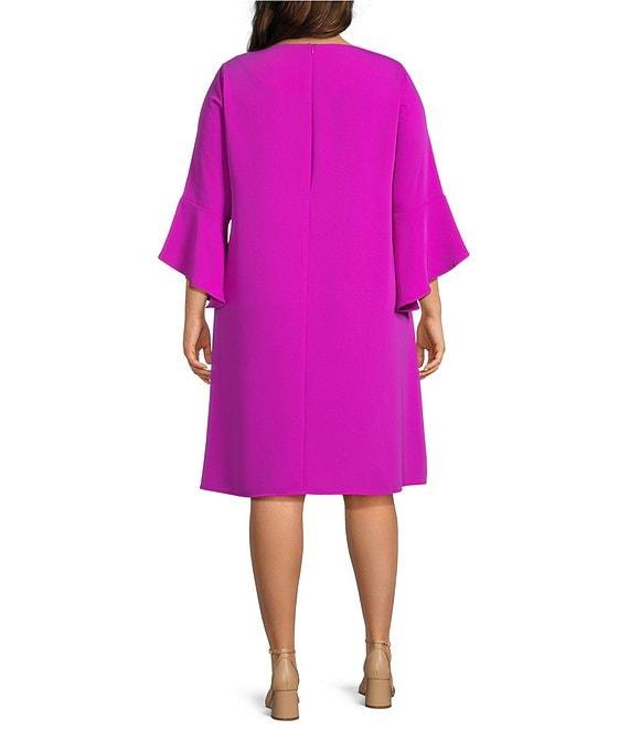 Caroline Rose Plus Size Julia Matte Crepe Round Neck 3/4 Ruffle Sleeve Shift Dress Product Image