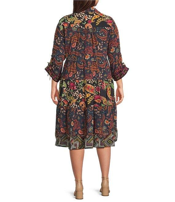 John Mark Plus Size Embroidered Mixed Print Collared Y-Neck 3/4 Cinched Tie Sleeve Tiered A-Line Midi Dress Product Image