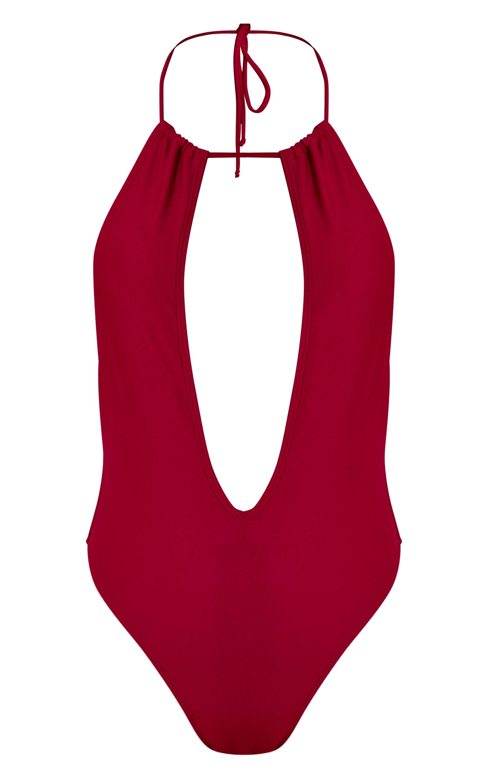 Magenta Ruched Plunge Halter Swimsuit Product Image