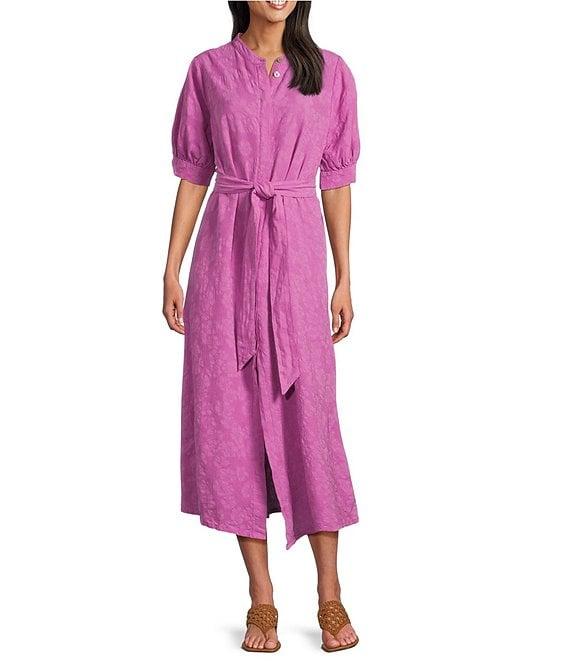 Bryn Walker Augustina Floral Cotton Jacquard Banded Collar Elbow Sleeve Button Front Maxi Dress Product Image