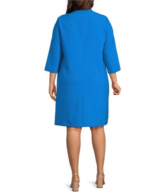 Caroline Rose Plus Taylor Crepe Split Mandarin Collar 3/4 Sleeve A-Line Dress Product Image