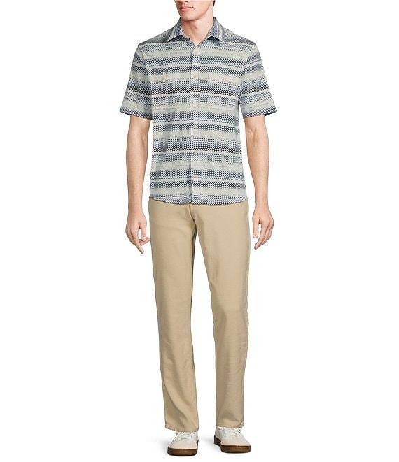 Rowm Rec + Relax Short Sleeve Horizontal Stripe Print Knit Button-Front Shirt Product Image