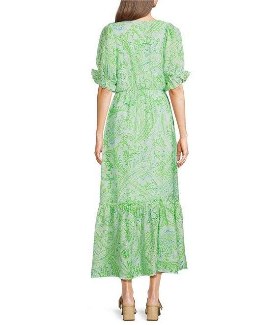 Calessa Paisley Print V-Neck Elbow Sleeve Tiered Midi Dress Product Image