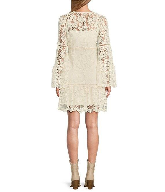 Scully Lace V-Neck Long Bell Sleeve Scalloped Hem A-Line Dress Product Image