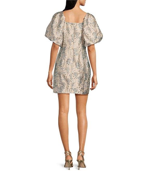 Adelyn Rae Metallic Jacquard V-Neckline Short Puff Sleeve Mini Dress Product Image