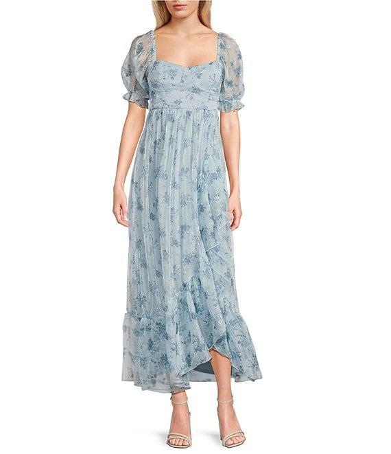 Allison & Kelly Floral Print Sweetheart Neck Puff Sleeve Corset Ruffle Hem Midi Dress Product Image