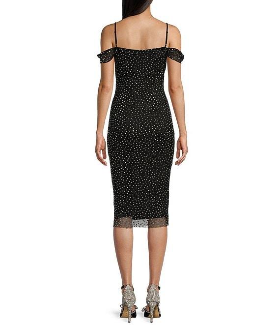 Honey and Rosie Adjustable Strap Sleeveless Fitted Mesh Rhinestone Midi Dress Product Image