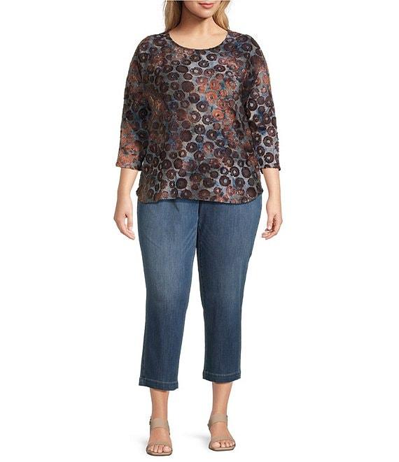Leo & Nicole Plus Size Jacquard Print Crew Neck 3/4 Dolman Sleeve Top Product Image