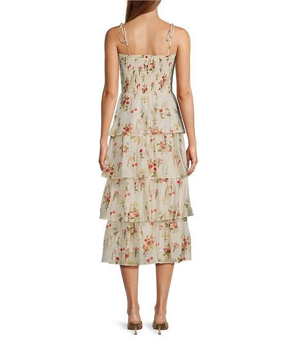 Lucy Paris Olive Floral Square Neck Spaghetti Strap Ruffle Smocked Tiered Midi Dress Product Image