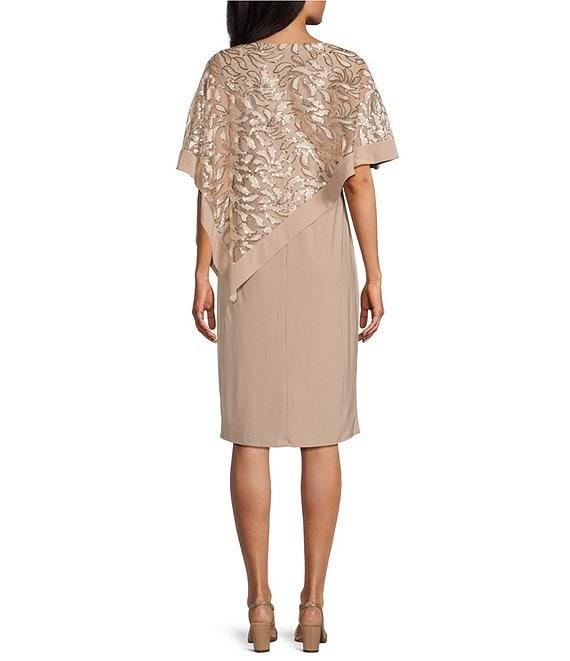 R & M Richards Petite Size Crew Neck Short Sleeve Embroidered Sequin Poncho Overlay Sheath Dress Product Image