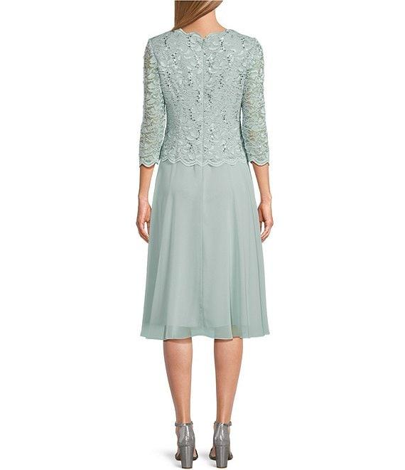 Alex Evenings Crew Neck 3/4 Sleeve Sequin Floral Lace Bodice Chiffon A-Line Midi Dress Product Image