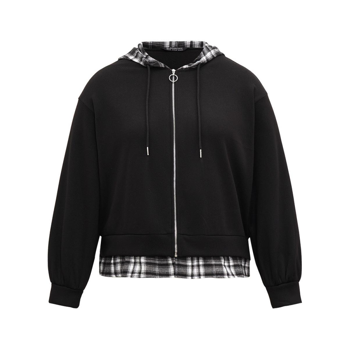 Plus Size Plaid Patchwork O Ring Zipper Hooded Drawstring Jacket Women Black Contrast Dailywear Jackets BloomChic 26/4X Product Image