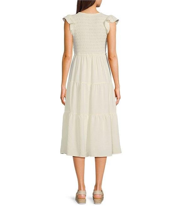 Blu Pepper Smocked V-Neck Short Flutter Sleeve Tiered Midi Dress Product Image