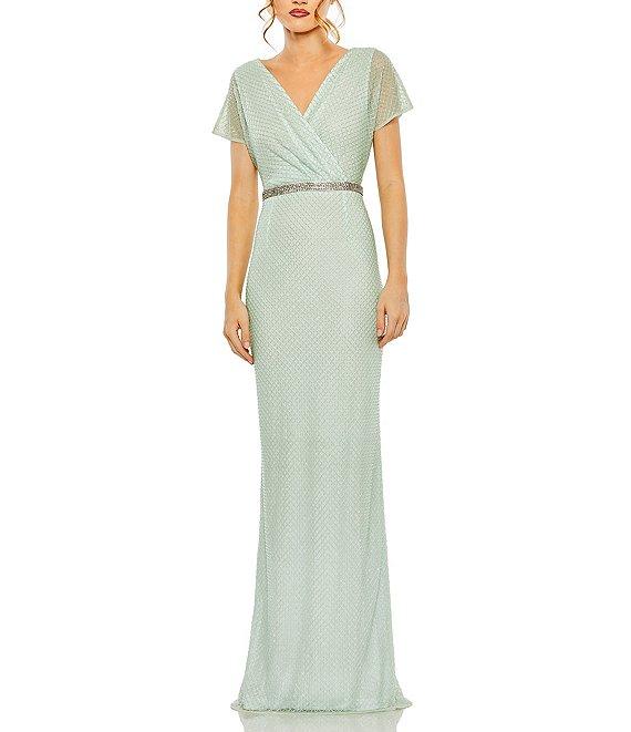 Mac Duggal Embellished V-Neck Short Sleeve Column Gown Product Image