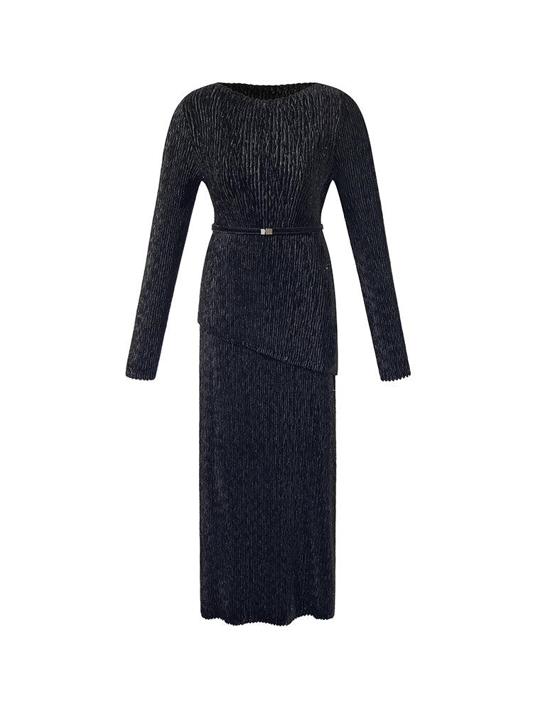 Velvet Glitter Stretch Asymmetrical Hem Top And Skirt Two-Piece Set Wi Product Image