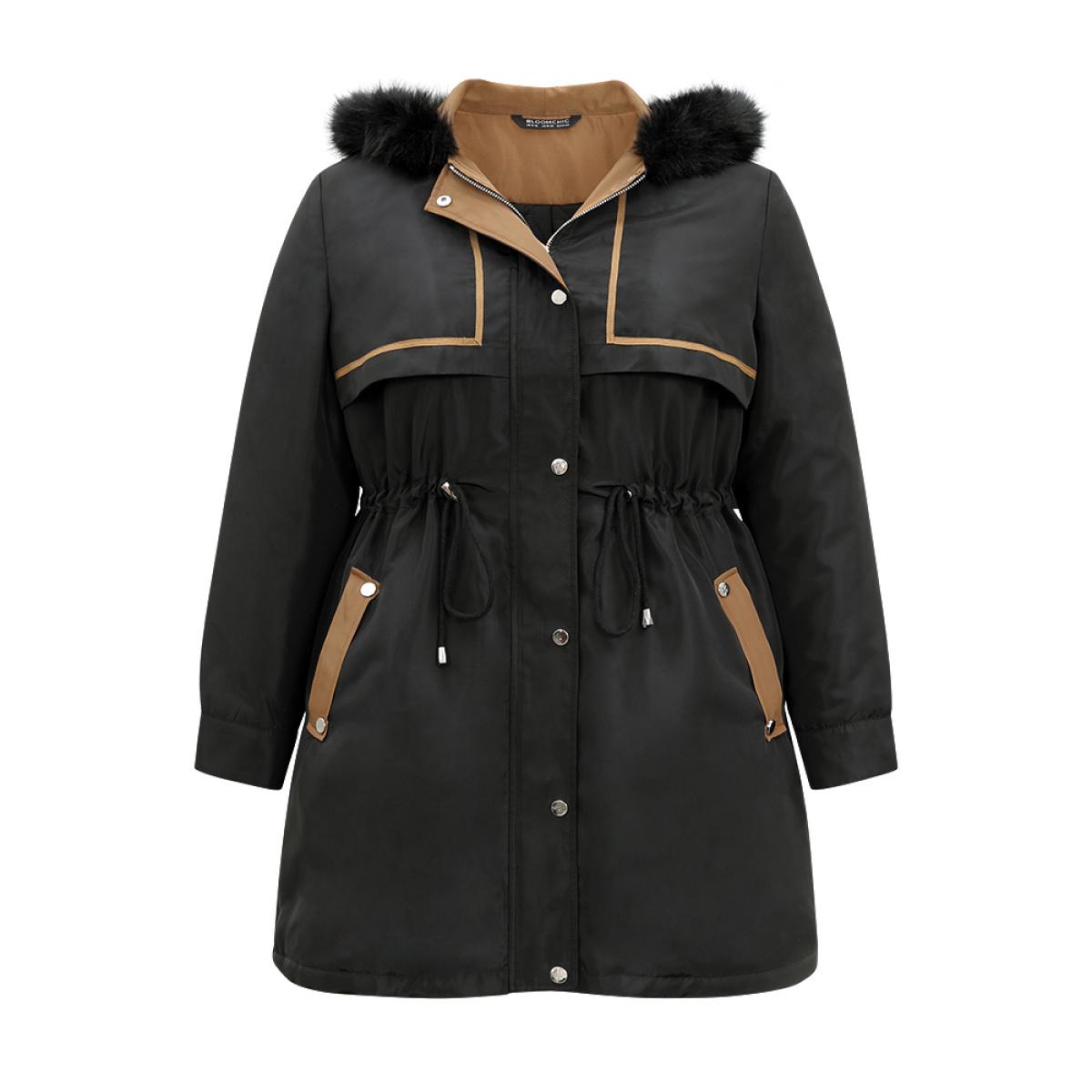 Plus Size Contrast Drawstring Patchwork Zipper Fuzzy Trim Coat Women Black Casual Lined Ladies Dailywear Winter Coats BloomChic 28/5X Product Image