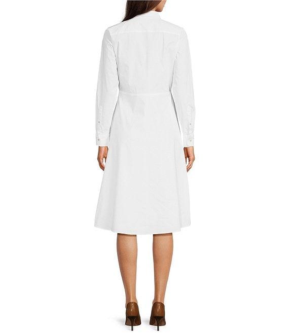Lauren Ralph Lauren Solid Stretch Woven Point Collar Long Sleeve Self Tie Waist Button Front A-Line Dress Product Image