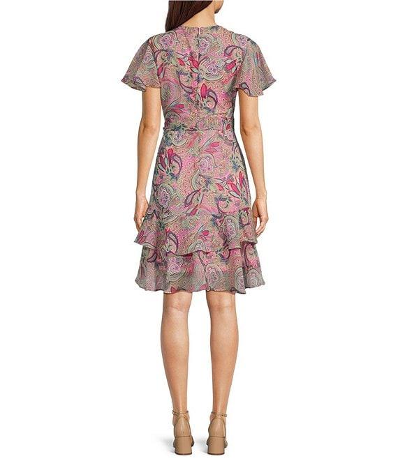 Leslie Fay Paisley Chiffon V-Neck Flutter Sleeve Tie Sash A Line Dress Product Image