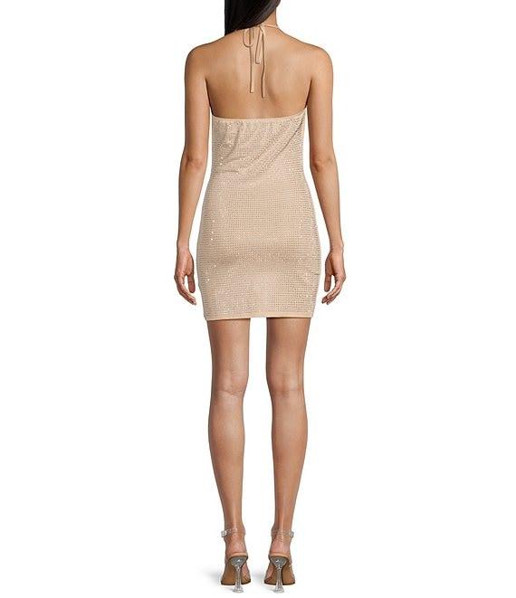 Allison & Kelly Spaghetti Strap Halter Cowl Neck Rhinestone Dress Product Image