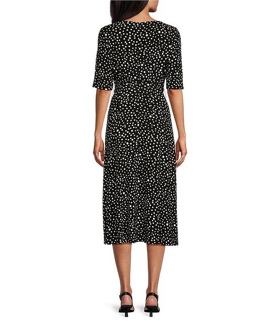 Kasper Stretch Dot Print Crew Neckline Short Sleeve Fit and Flare Midi Dress Product Image