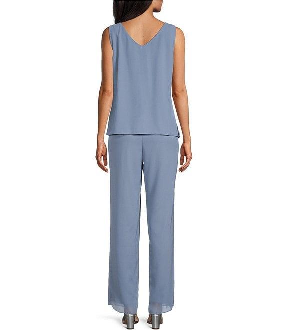 Le Bos Pebble Georgette Satin Trim Tiered Beaded Crew Neck 3/4 Sleeve 3-Piece Pant Set Product Image