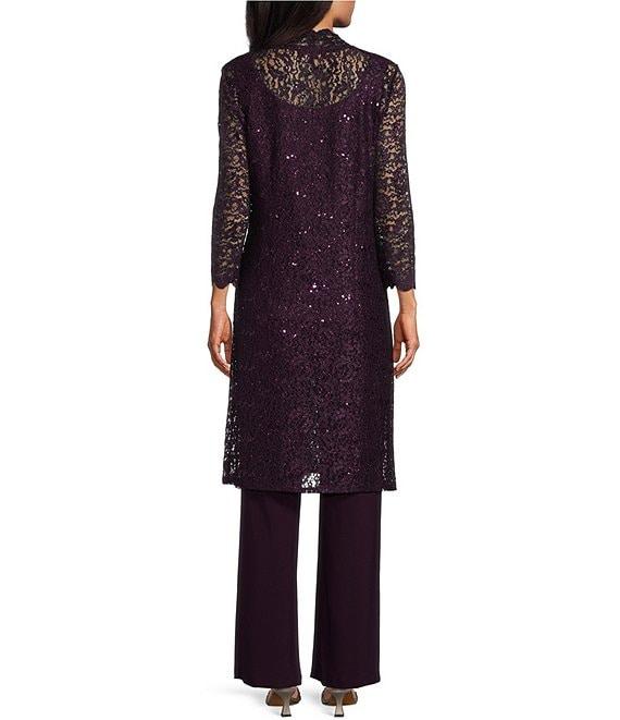 R & M Richards Sequin Glitter Scalloped Lace Scoop Neck 3/4 Sleeve 3-Piece Duster Pant Set Product Image