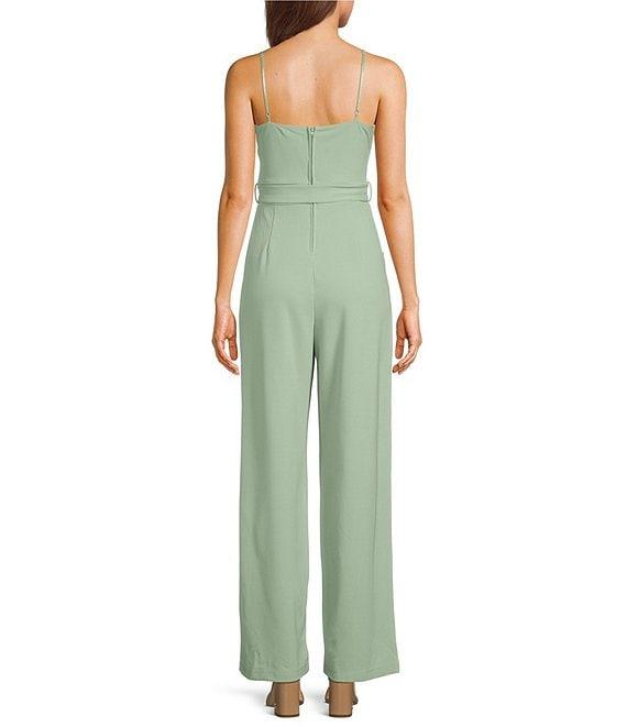 Honey and Rosie Scuba Crepe Drape Neck Spaghetti Strap Corset-Inspired Bodice Tie Front Full Length Jumpsuit Product Image