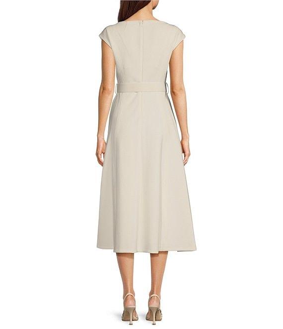 Calvin Klein V-Neck Fit and Flare Belted Scuba Midi Dress Product Image