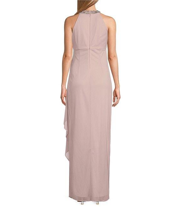 Alex Evenings Petite Size Sleeveless Beaded Halter Neck Cascade Ruffle Gown Product Image