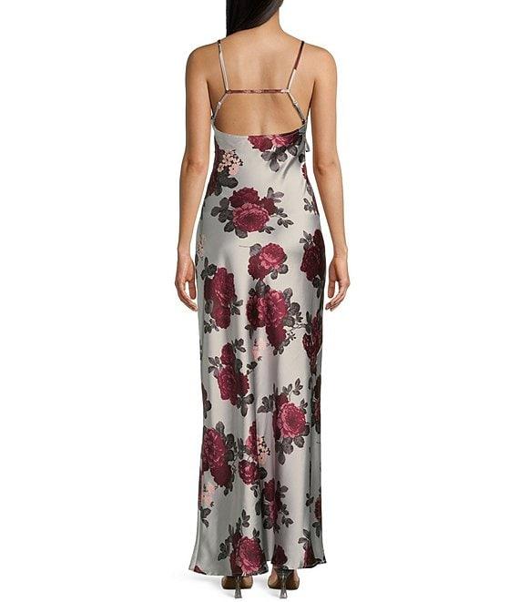 Pear Culture Floral Printed Satin V-Neck Spaghetti Strap Ruffle Long Dress Product Image