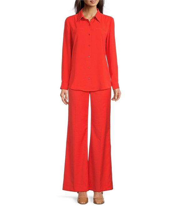 Alex Marie Piper Lightweight Soft Crepe de Chine Point Collar Long Sleeve Button Front Top Product Image