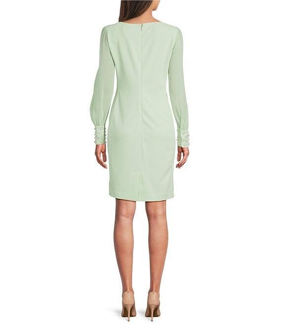 KARL LAGERFELD PARIS Scuba Crepe Crew Neck Chiffon Long Sleeve Pearl Cuff Sheath Mini Dress Product Image