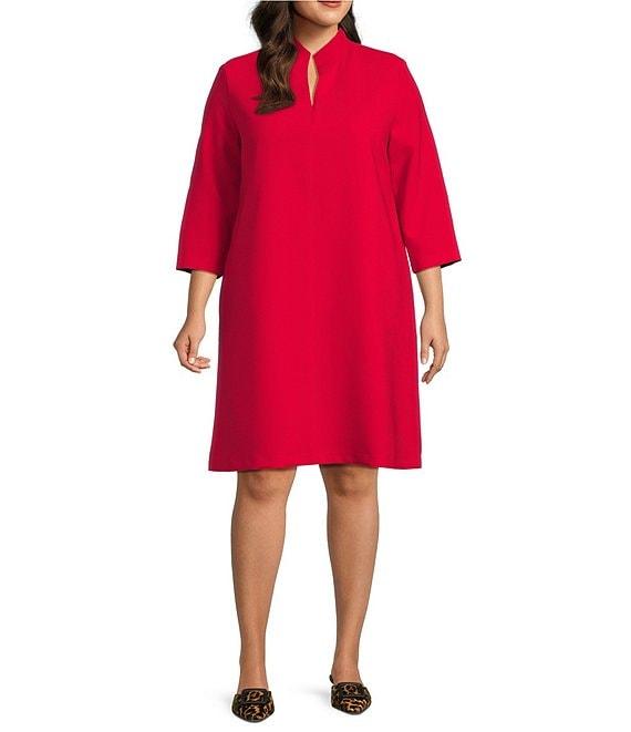 Caroline Rose Plus Taylor Crepe Split Mandarin Collar 3/4 Sleeve A-Line Dress Product Image