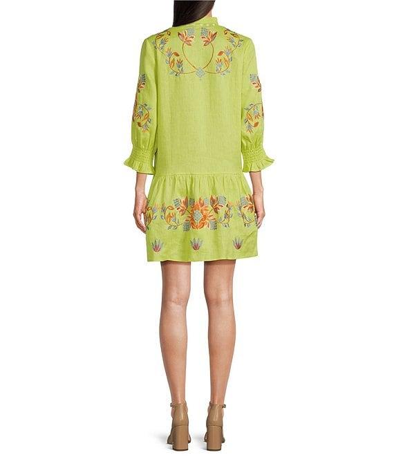 tyler boe Niki Floral Embroidered Split V-Neck 3/4 Sleeve Drop Waist Dress Product Image
