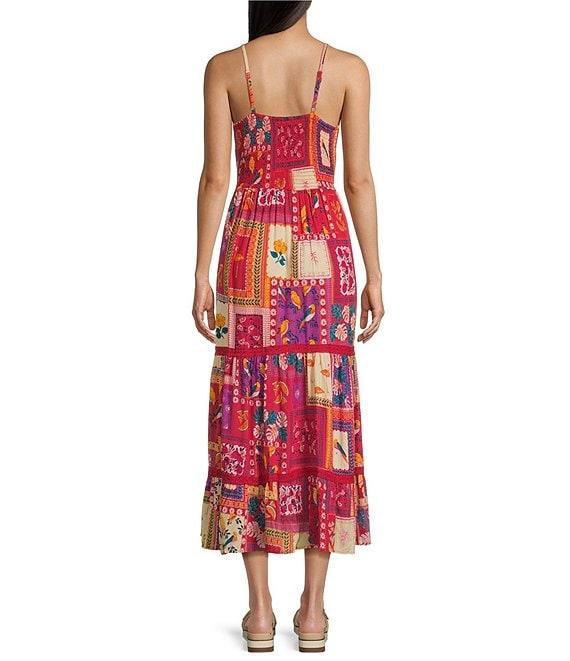 Angie Patchwork Print V-Neck Sleeveless Knot Front Tiered Crochet Trim Maxi Dress Product Image