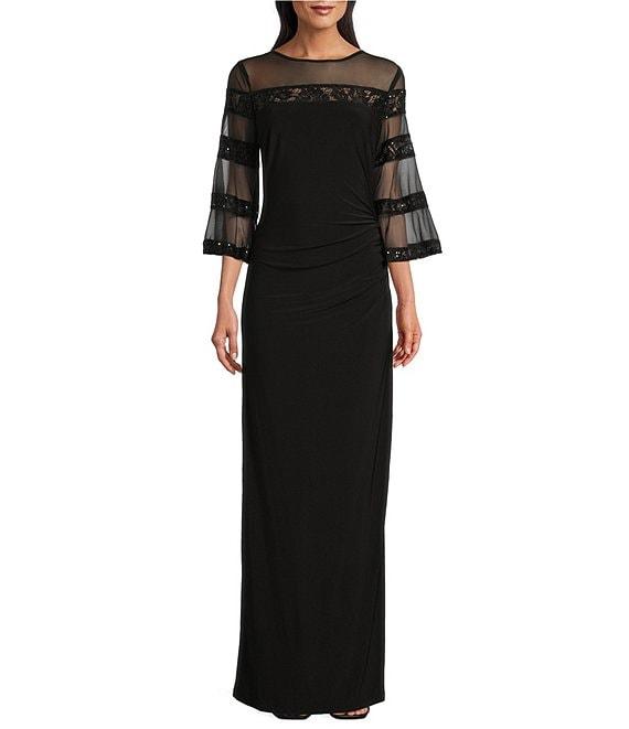 Le Bos 3/4 Illusion Sleeve Crew Neck Embroidered Sheath Dress Product Image