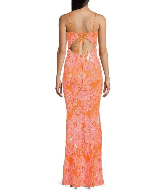 Midnight Doll Floral Sequin Pattern V-Neck Spaghetti Strap Lace Up Back Dress Product Image