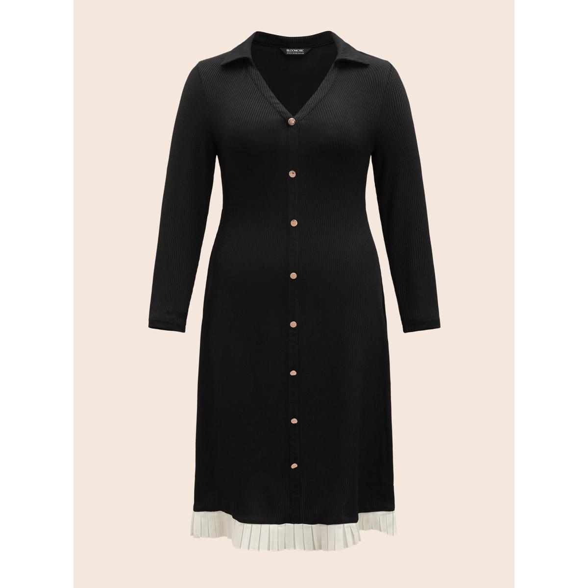 Plus Size Texture Patchwork Pleated Metal Detail Dress Black Women Elegant Texture Shirt collar Long Sleeve Curvy BloomChic 18-20/2X Product Image