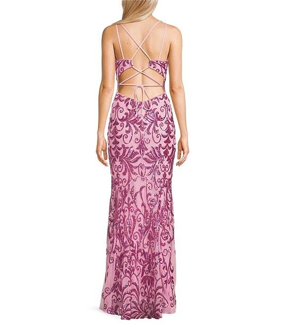 Morgan & Co. Sequin Pattern Contrast Beading V-Neck Spaghetti Strap Dress Product Image