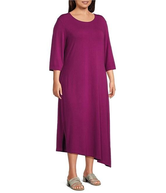 Bryn Walker Plus Sydney Organic Bamboo Cotton Blend Round Neck Elbow Sleeve Asymmetrical Dress Product Image