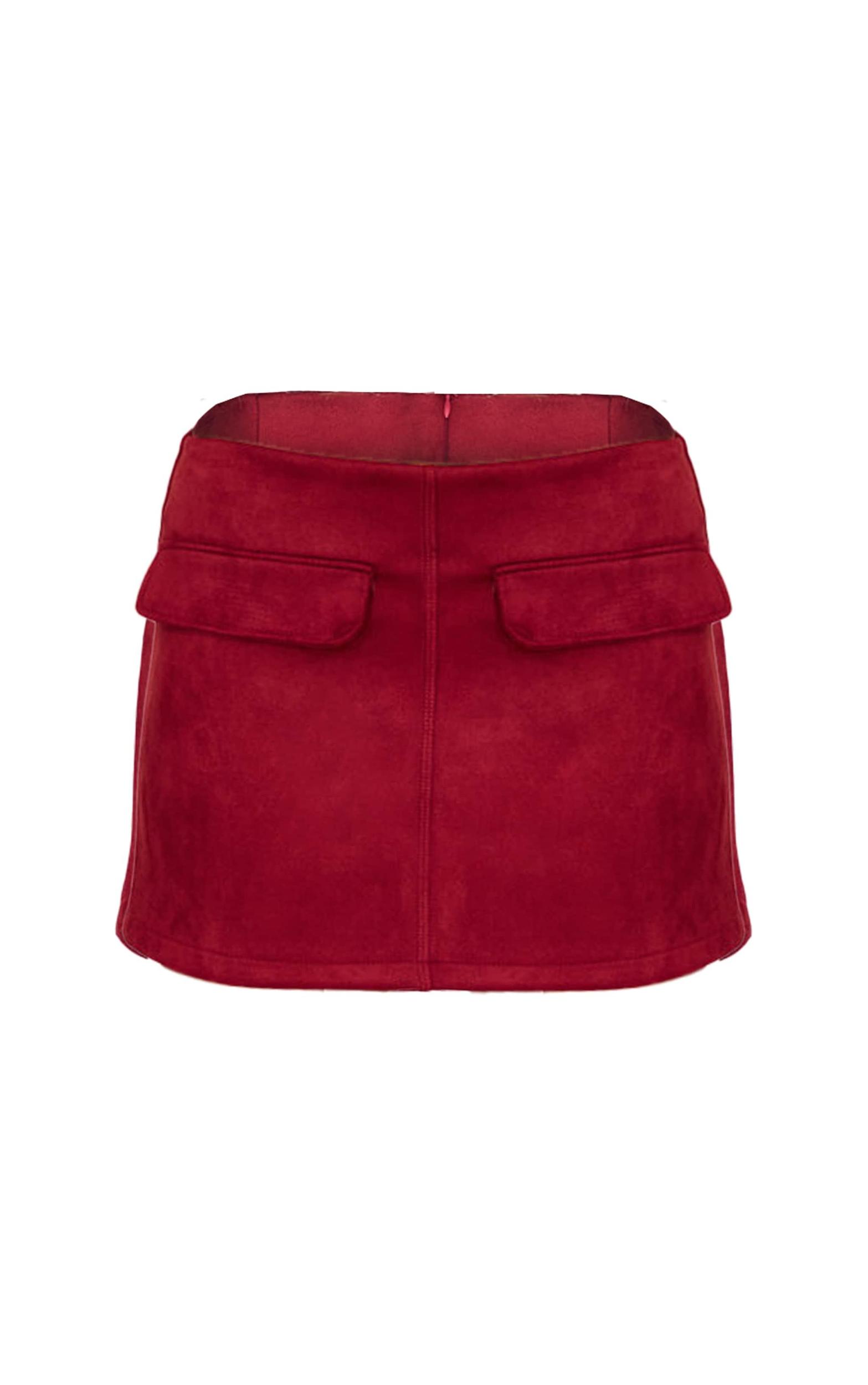 Burgundy Faux Suede Pocket Front Mini Skirt Product Image