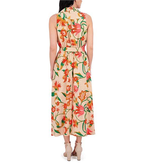 Kensie Notch Collar Sleeveless Tie Waist Floral Print Woven Midi Shirt Dress Product Image