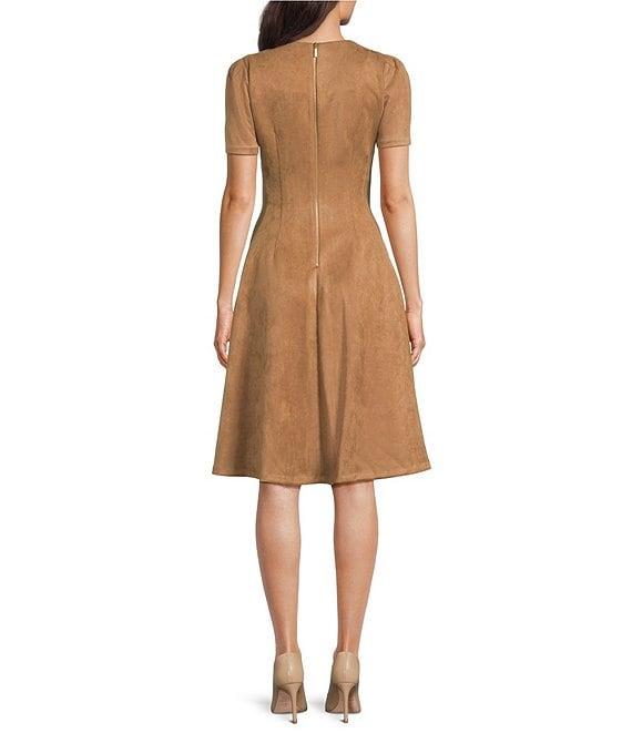 Calvin Klein Scuba Suede Crew Neck Short Sleeve Flared Skirt Dress Product Image