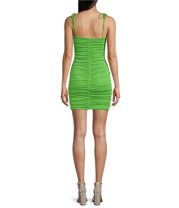 Jump Square Neck Spaghetti Tie Strap Ruched Dress Product Image