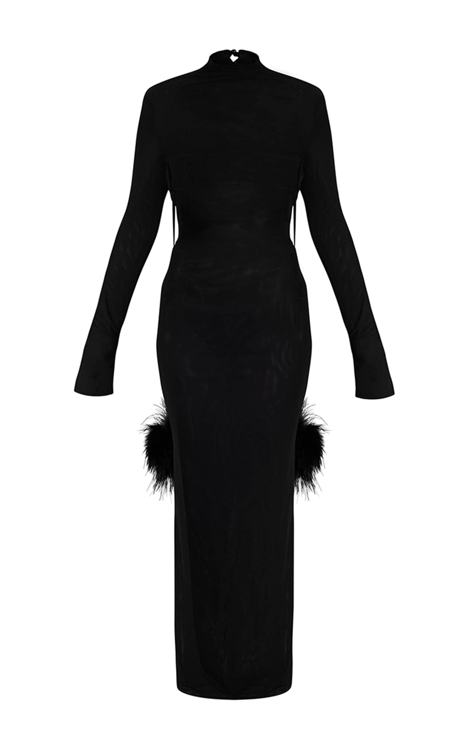 Premium Black Mesh Feather Pom Pom Open Back Maxi Dress Product Image