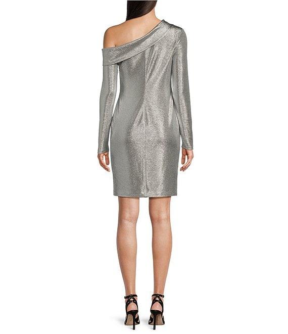 Lauren Ralph Lauren Asymmetrical Neck Long Sleeve Metallic Sheath Dress Product Image