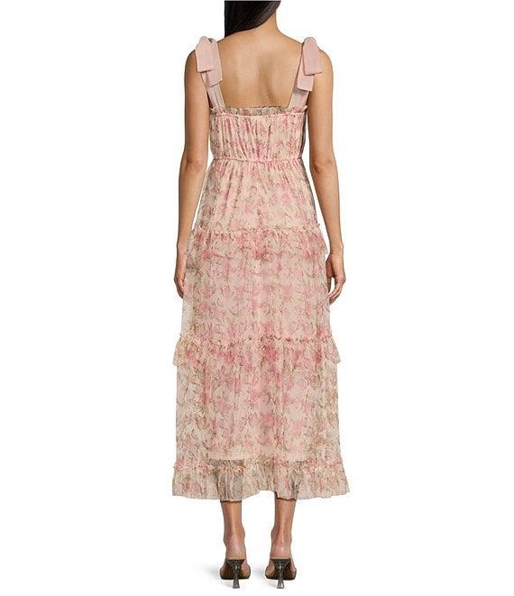 Blu Pepper Mesh Floral Print Sleeveless Tie Shoulder Tiered Midi Dress Product Image
